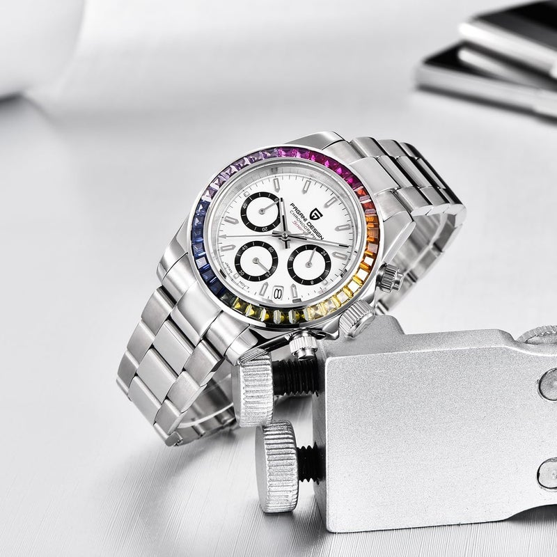 Pagani Design 1644 Men's Chronograph Watch with Rainbow Crystal Bezel and Panda Dial - Image 4